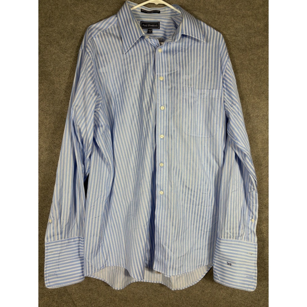 Paul Fredrick Mens 16.5 35 Blue  Striped Cotton Dobby Dress Shirt French Cuff